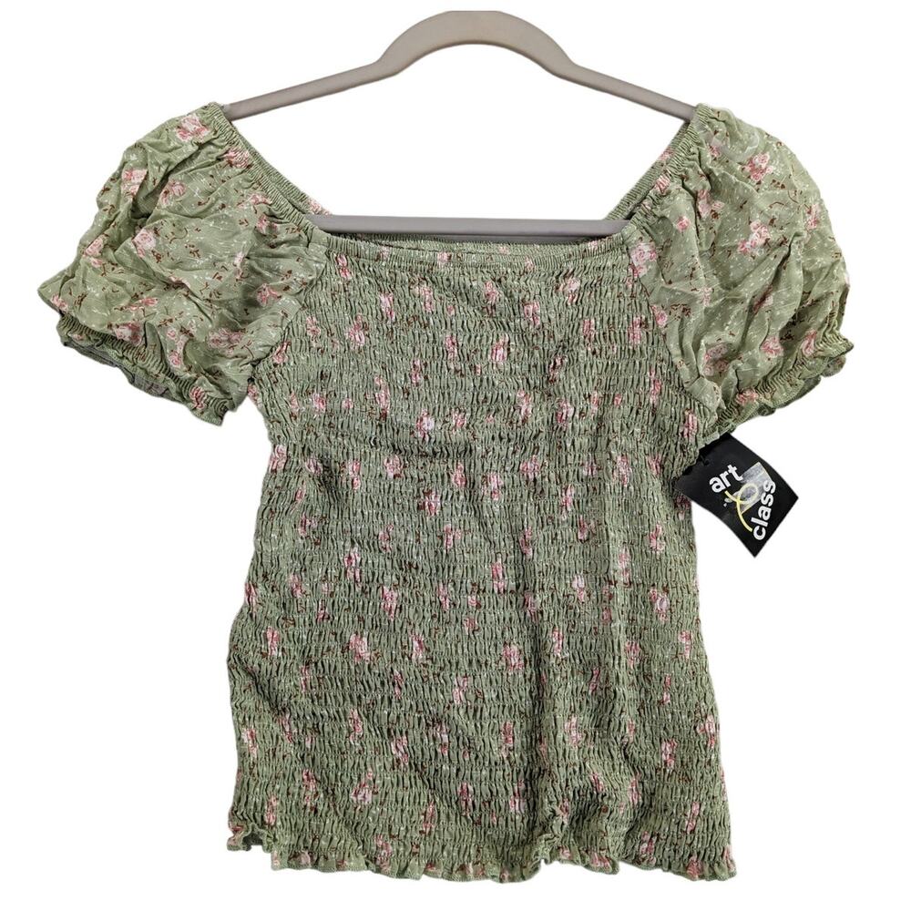 Art Class Puff Sleeve Woven Top Girls L Light Green Floral Smocked Bodice Staple